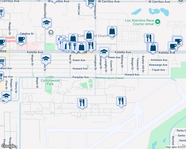 map of restaurants, bars, coffee shops, grocery stores, and more near 11302 Independence Road in Los Alamitos