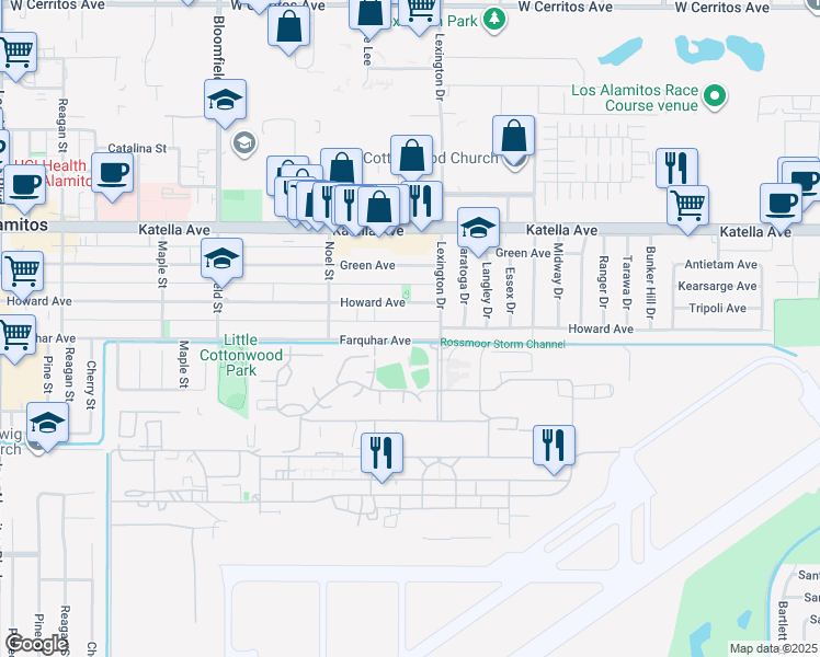 map of restaurants, bars, coffee shops, grocery stores, and more near 4393 Farquhar Avenue in Los Alamitos