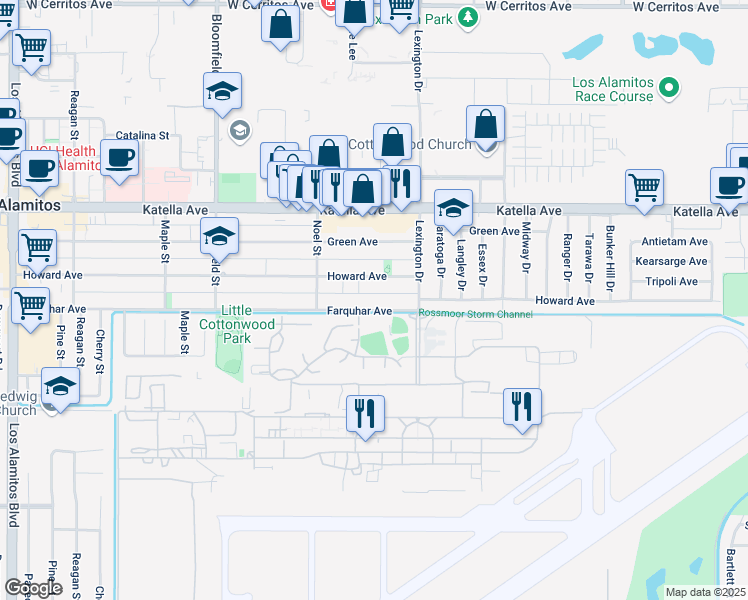 map of restaurants, bars, coffee shops, grocery stores, and more near 4393 Farquhar Avenue in Los Alamitos