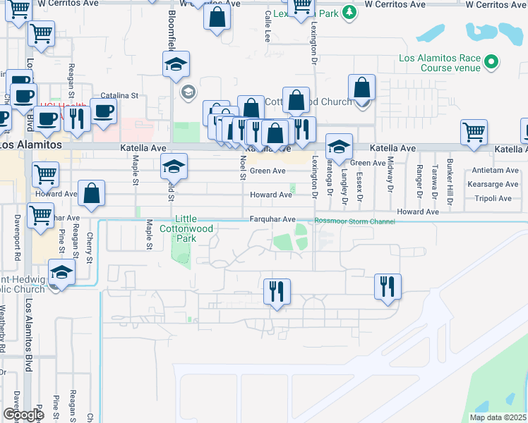 map of restaurants, bars, coffee shops, grocery stores, and more near 4313 Farquhar Avenue in Los Alamitos