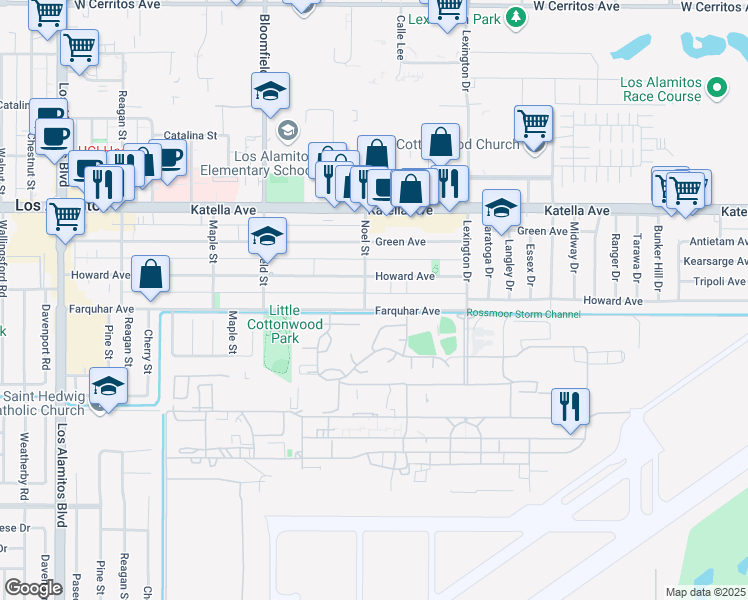 map of restaurants, bars, coffee shops, grocery stores, and more near 4223 Farquhar Avenue in Los Alamitos