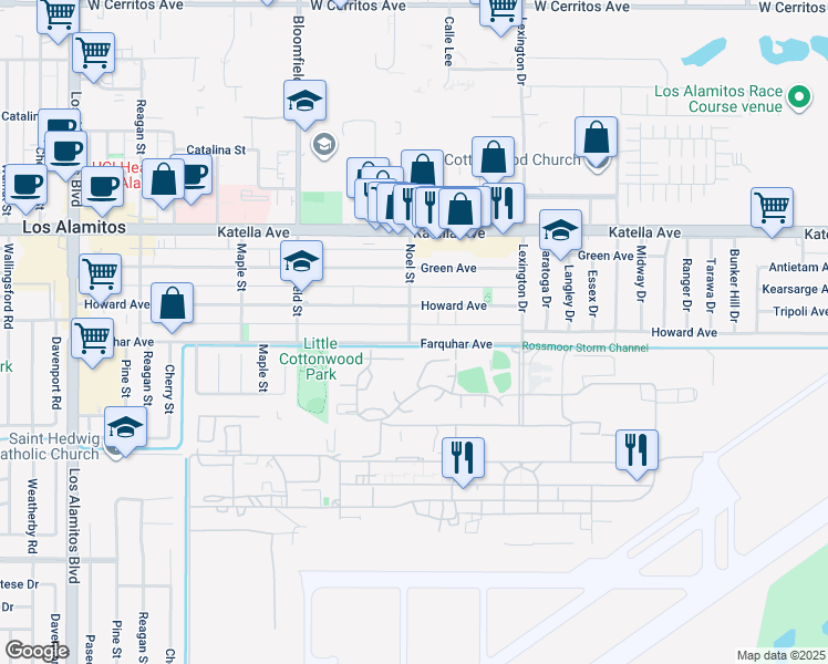 map of restaurants, bars, coffee shops, grocery stores, and more near 4223 Farquhar Avenue in Los Alamitos