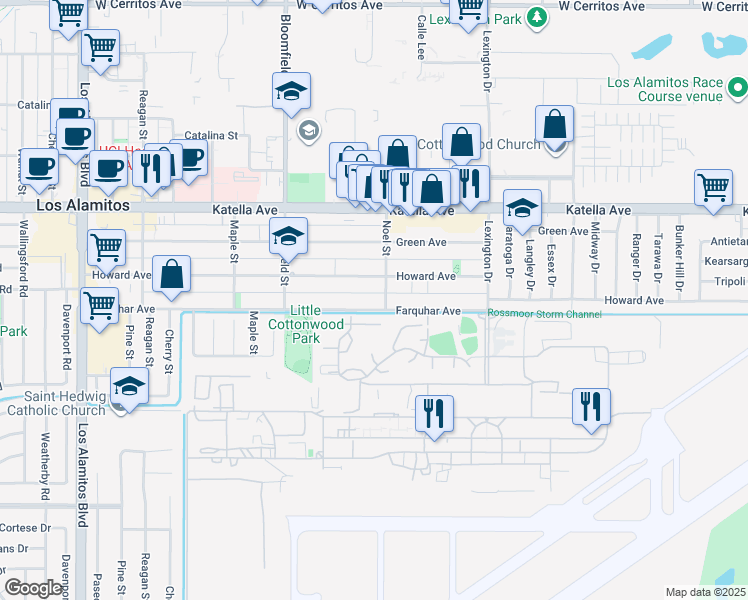 map of restaurants, bars, coffee shops, grocery stores, and more near 4223 Farquhar Avenue in Los Alamitos