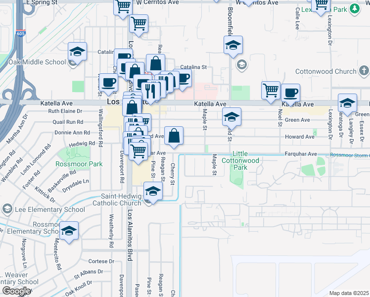 map of restaurants, bars, coffee shops, grocery stores, and more near 11245 Linda Way in Los Alamitos