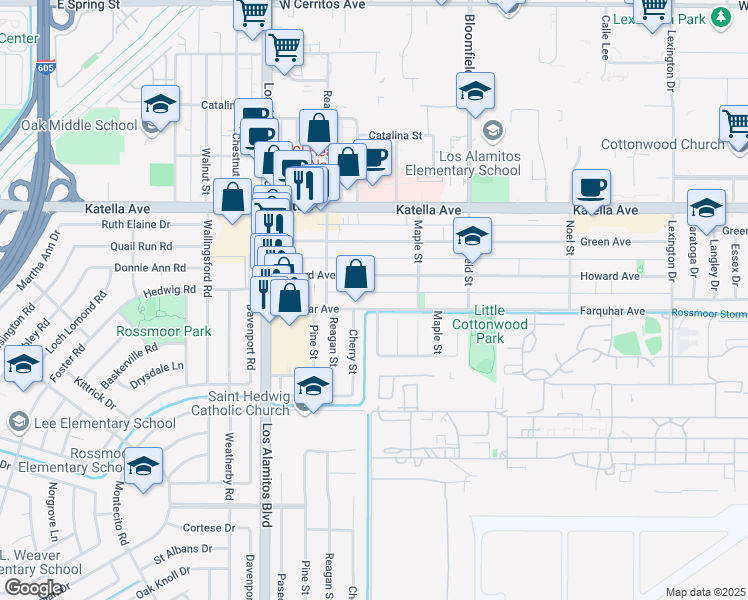 map of restaurants, bars, coffee shops, grocery stores, and more near 3709 Farquhar Avenue in Los Alamitos
