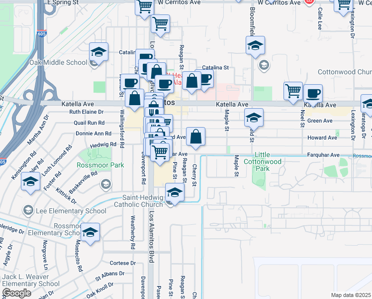 map of restaurants, bars, coffee shops, grocery stores, and more near 3649 Farquhar Avenue in Los Alamitos