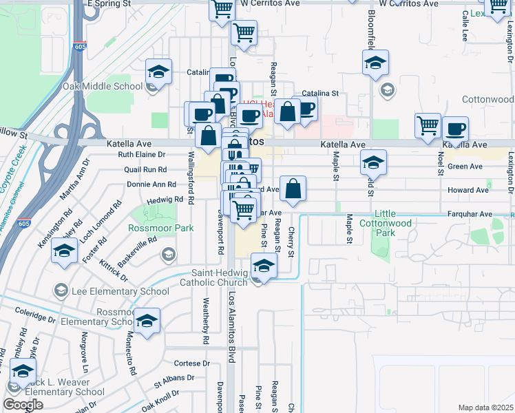 map of restaurants, bars, coffee shops, grocery stores, and more near 3531 Farquhar Avenue in Los Alamitos