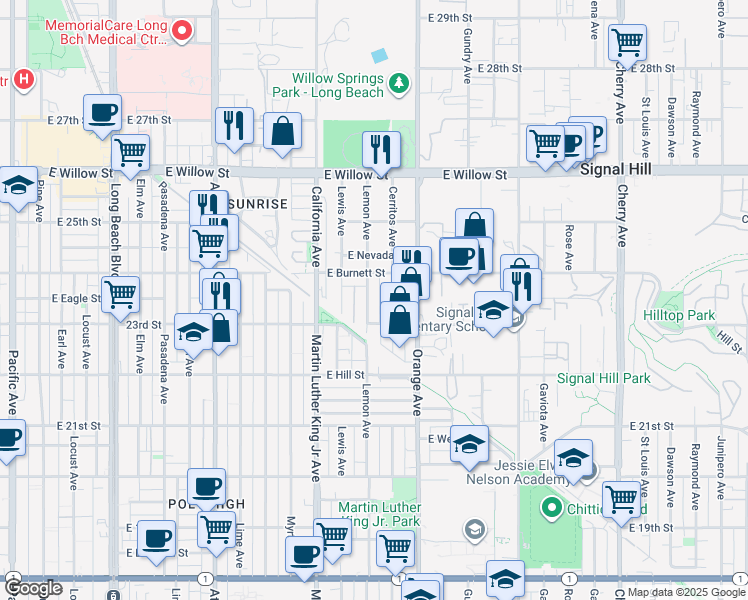 map of restaurants, bars, coffee shops, grocery stores, and more near 2315 Cerritos Avenue in Signal Hill