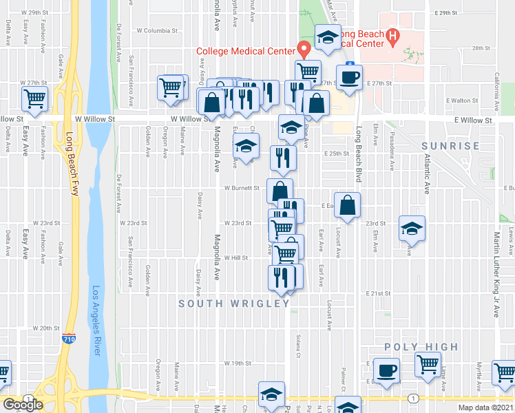map of restaurants, bars, coffee shops, grocery stores, and more near 2324 Chestnut Avenue in Long Beach