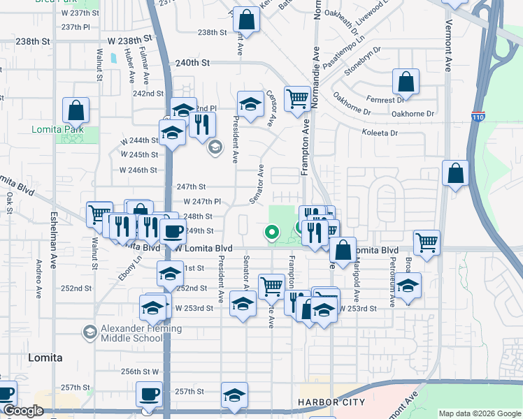map of restaurants, bars, coffee shops, grocery stores, and more near 1411 Lomita Boulevard in Los Angeles