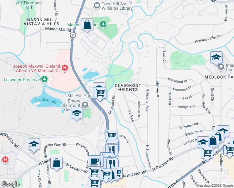 map of restaurants, bars, coffee shops, grocery stores, and more near 2031 Desmond Drive in Decatur