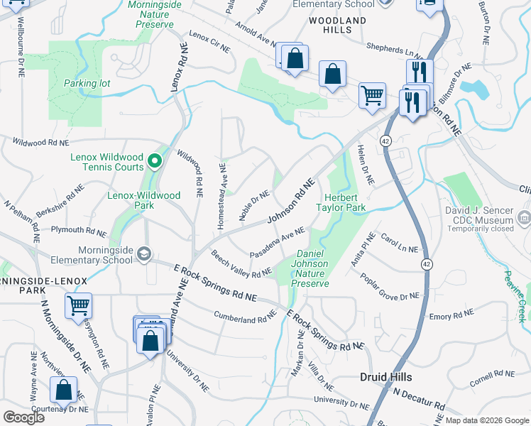 map of restaurants, bars, coffee shops, grocery stores, and more near 1698 Johnson Road Northeast in Atlanta