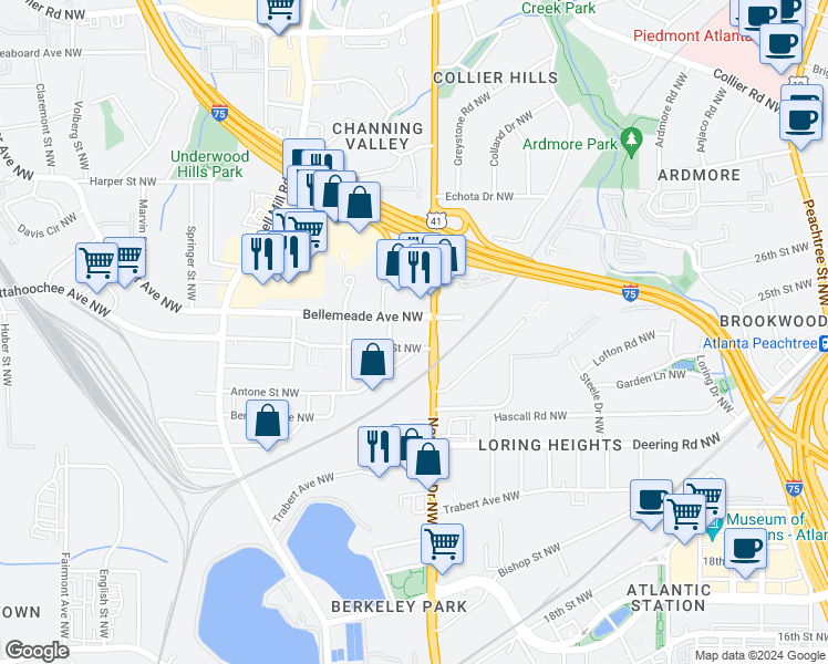 map of restaurants, bars, coffee shops, grocery stores, and more near 622 Bellemeade Avenue Northwest in Atlanta