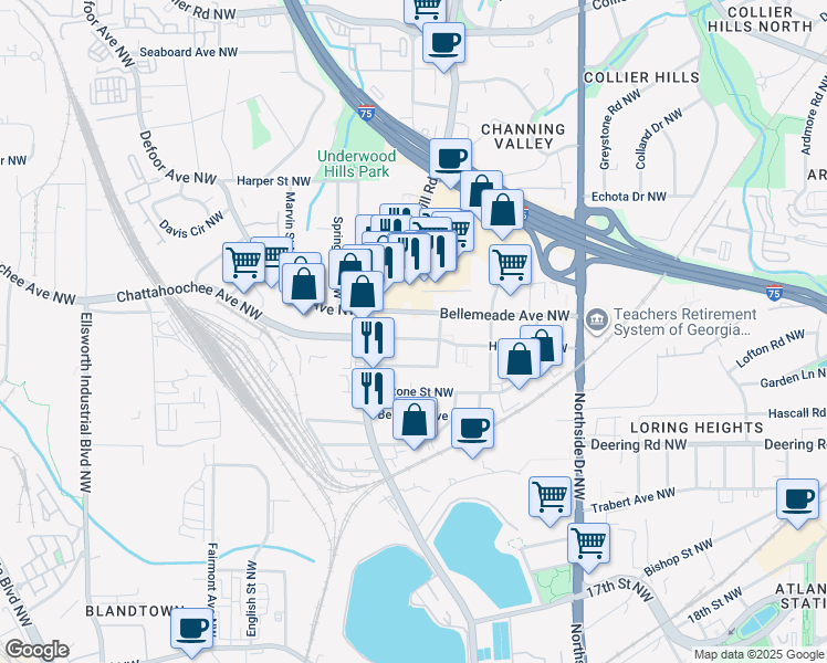 map of restaurants, bars, coffee shops, grocery stores, and more near 782 Holmes Street Northwest in Atlanta