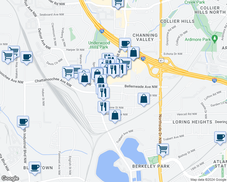 map of restaurants, bars, coffee shops, grocery stores, and more near 782 Holmes Street Northwest in Atlanta