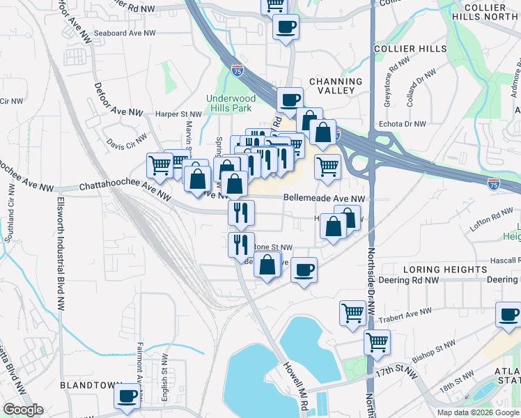 map of restaurants, bars, coffee shops, grocery stores, and more near 782 Holmes Street Northwest in Atlanta