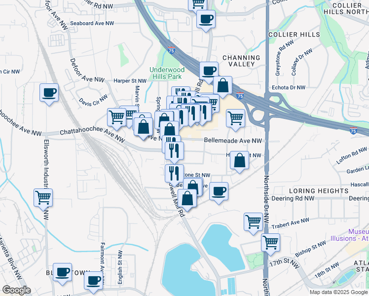map of restaurants, bars, coffee shops, grocery stores, and more near 1667 Howell Mill Road Northwest in Atlanta