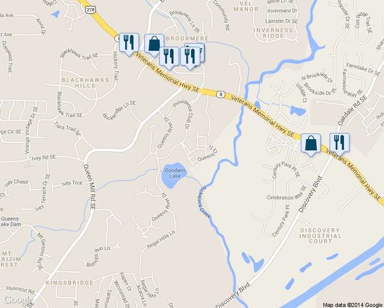 map of restaurants, bars, coffee shops, grocery stores, and more near 1140 Newpark View Place in Mableton