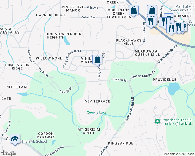map of restaurants, bars, coffee shops, grocery stores, and more near 6296 Vinings Vintage Drive Southeast in Mableton