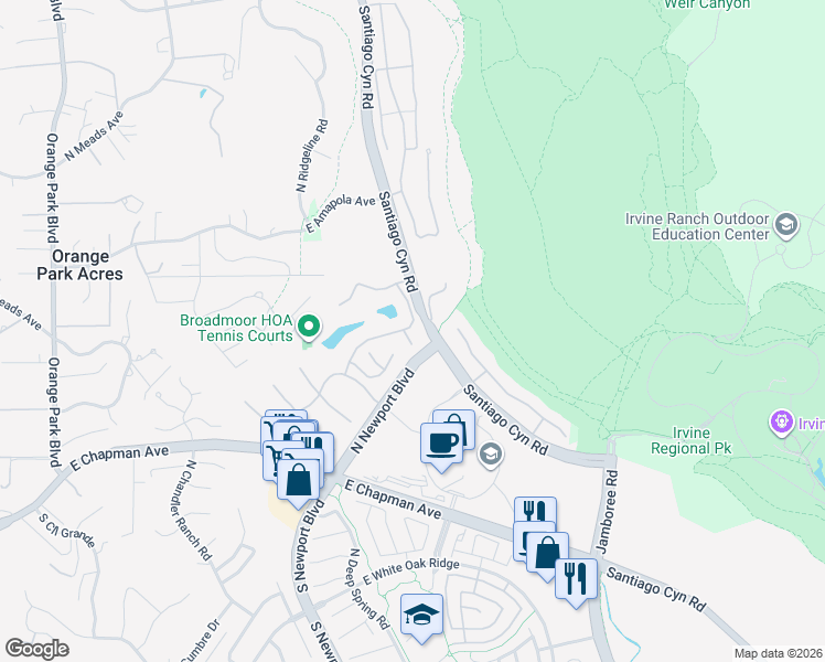 map of restaurants, bars, coffee shops, grocery stores, and more near 8009 East Eucalyptus Trail in Orange