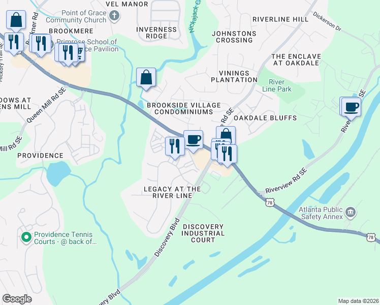 map of restaurants, bars, coffee shops, grocery stores, and more near 6080 Holly Park Lane Southeast in Mableton