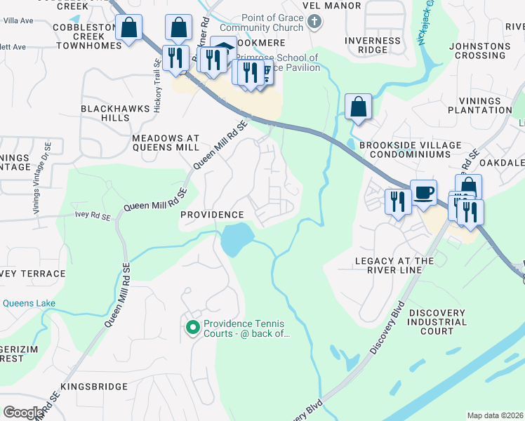 map of restaurants, bars, coffee shops, grocery stores, and more near 1140 Newpark View Place in Mableton