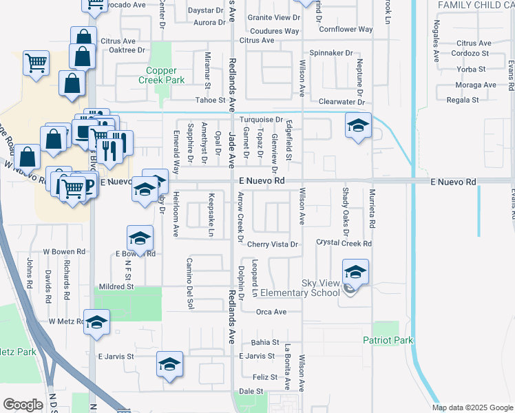 map of restaurants, bars, coffee shops, grocery stores, and more near 1529 Ashbury Way in Perris