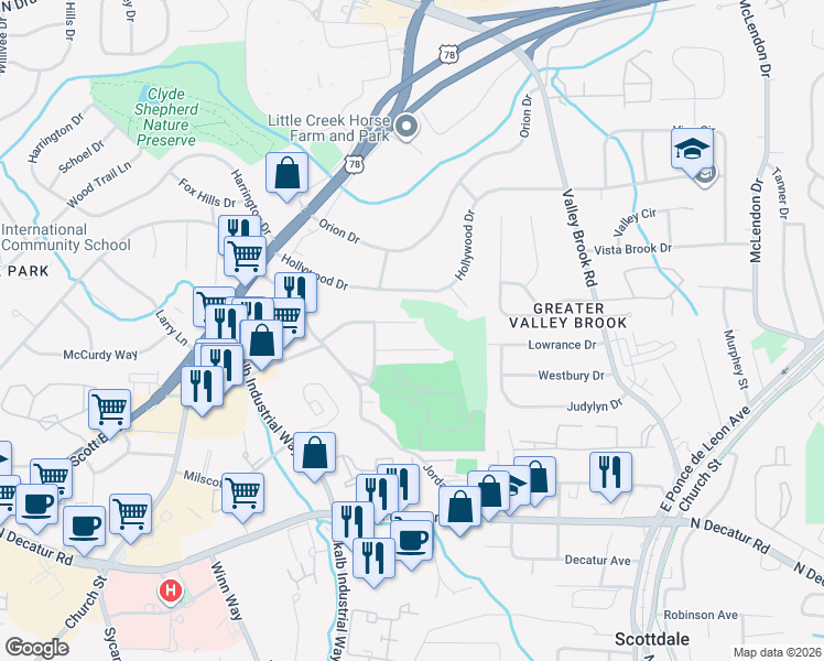 map of restaurants, bars, coffee shops, grocery stores, and more near 2834 Lincoln Drive in Decatur