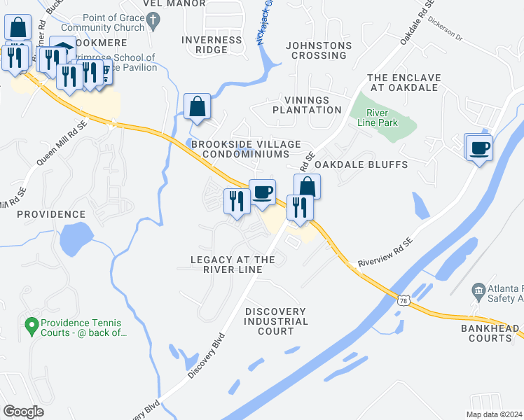map of restaurants, bars, coffee shops, grocery stores, and more near 6084 Holly Park Lane Southeast in Mableton