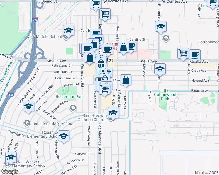 map of restaurants, bars, coffee shops, grocery stores, and more near 3581 Farquhar Avenue in Los Alamitos