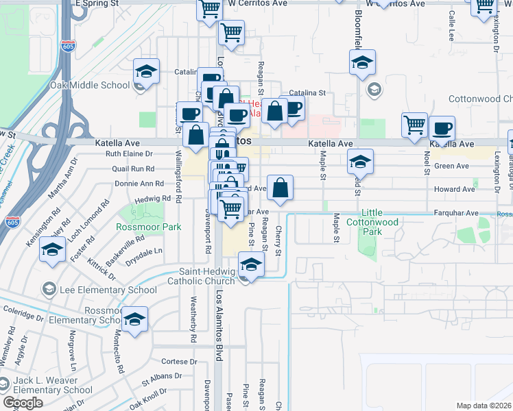 map of restaurants, bars, coffee shops, grocery stores, and more near 3645 Farquhar Avenue in Los Alamitos