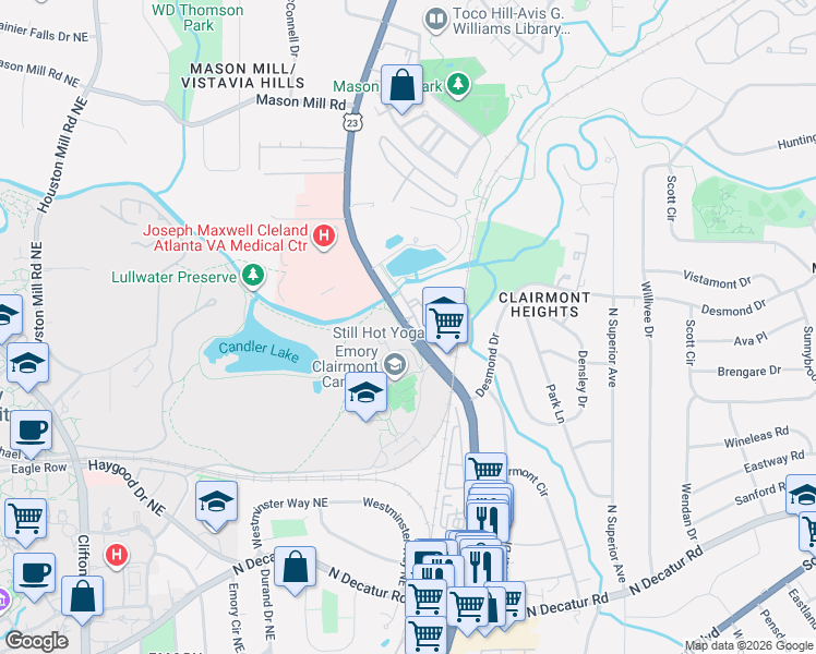 map of restaurants, bars, coffee shops, grocery stores, and more near 1575 Clairmont Road in Decatur