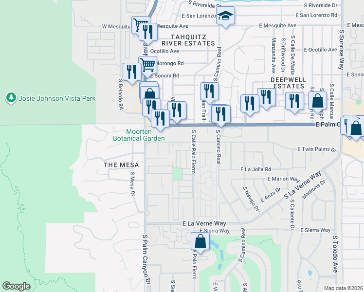 map of restaurants, bars, coffee shops, grocery stores, and more near 495 East Twin Palms Drive in Palm Springs