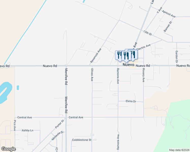 map of restaurants, bars, coffee shops, grocery stores, and more near 22060 Olivas Avenue in Nuevo
