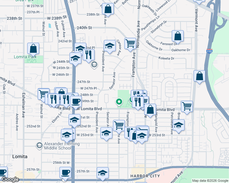 map of restaurants, bars, coffee shops, grocery stores, and more near 1411 Lomita Boulevard in Los Angeles