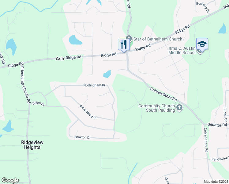 map of restaurants, bars, coffee shops, grocery stores, and more near 607 Nottingham Drive in Douglasville