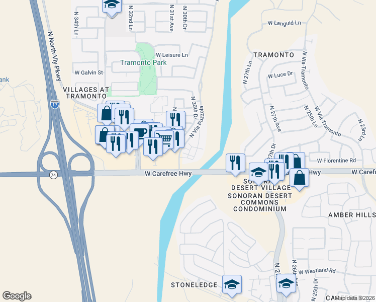 map of restaurants, bars, coffee shops, grocery stores, and more near 34706 North 30th Drive in Phoenix