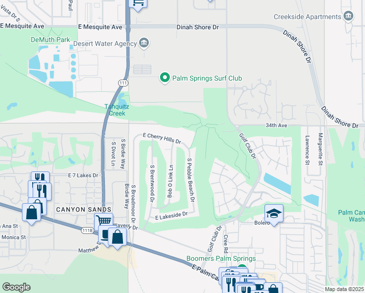 map of restaurants, bars, coffee shops, grocery stores, and more near 5365 East Cherry Hills Drive in Palm Springs