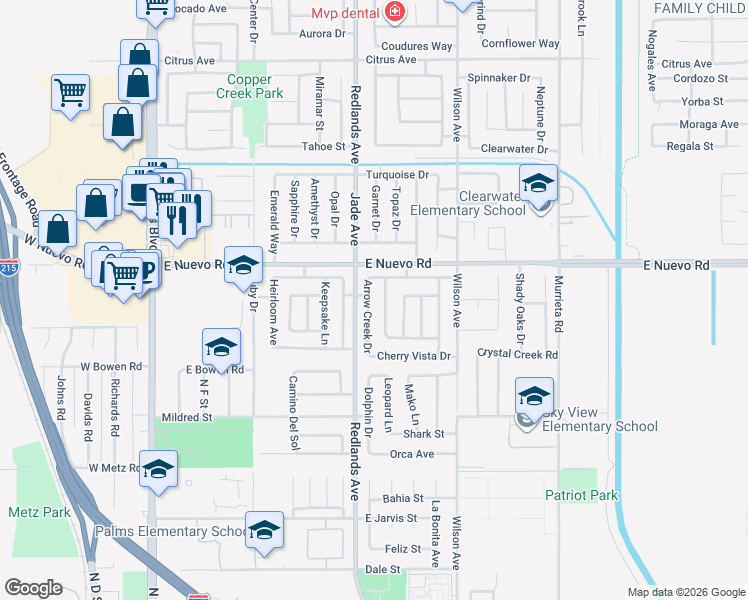 map of restaurants, bars, coffee shops, grocery stores, and more near 1529 Arrow Creek Drive in Perris