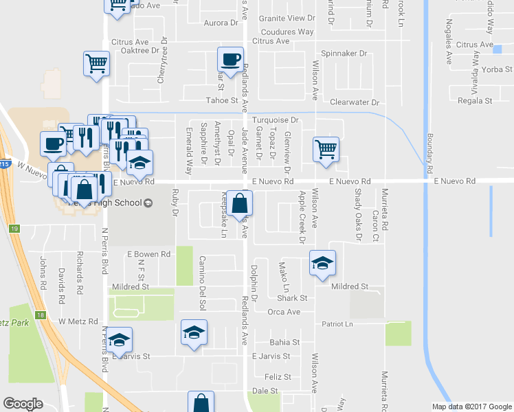 map of restaurants, bars, coffee shops, grocery stores, and more near 1529 Arrow Creek Drive in Perris