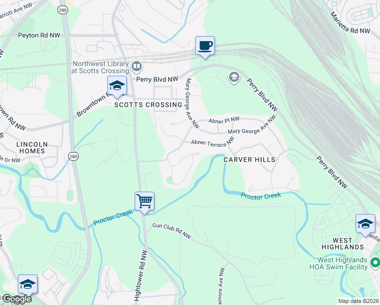 map of restaurants, bars, coffee shops, grocery stores, and more near 2357 Arno Court Northwest in Atlanta