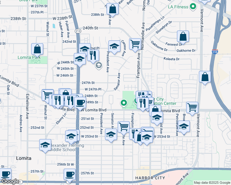map of restaurants, bars, coffee shops, grocery stores, and more near 24722 Senator Avenue in Los Angeles