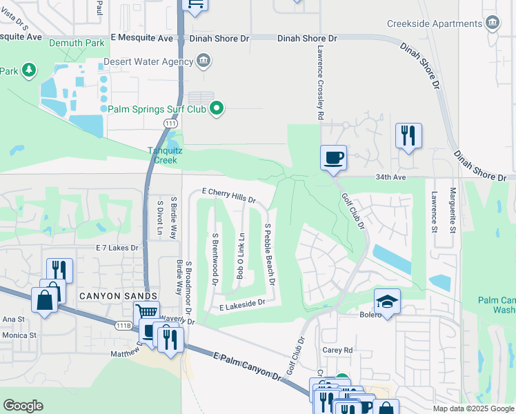 map of restaurants, bars, coffee shops, grocery stores, and more near 5365 East Cherry Hills Drive in Palm Springs