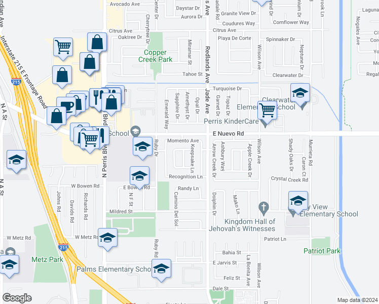 map of restaurants, bars, coffee shops, grocery stores, and more near 1524 Keepsake Lane in Perris
