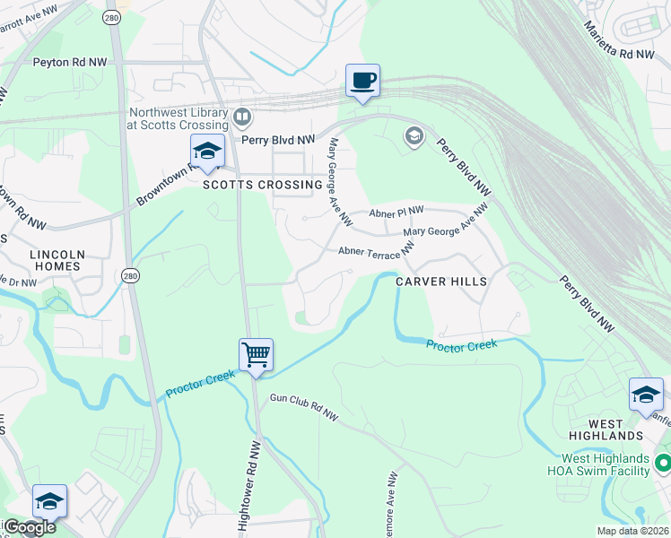 map of restaurants, bars, coffee shops, grocery stores, and more near 2357 Arno Court Northwest in Atlanta
