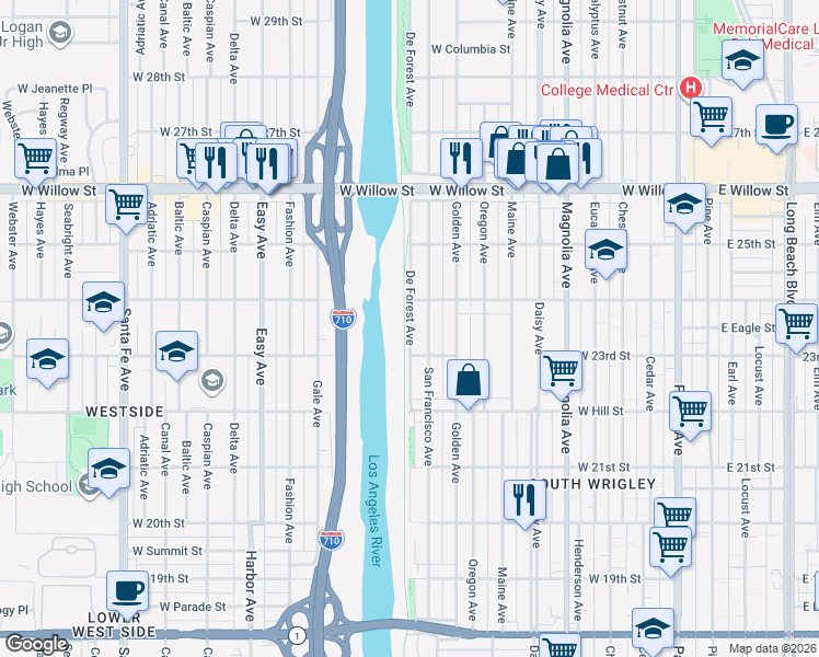 map of restaurants, bars, coffee shops, grocery stores, and more near 3334 De Forest Avenue in Long Beach