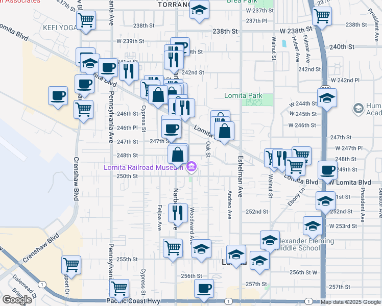 map of restaurants, bars, coffee shops, grocery stores, and more near 2143 248th Street in Lomita