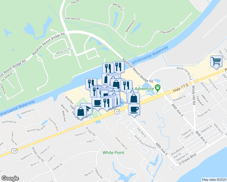 map of restaurants, bars, coffee shops, grocery stores, and more near 4716 Highway 17 South in North Myrtle Beach