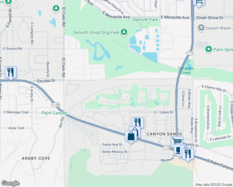 map of restaurants, bars, coffee shops, grocery stores, and more near 181 Westlake Drive in Palm Springs