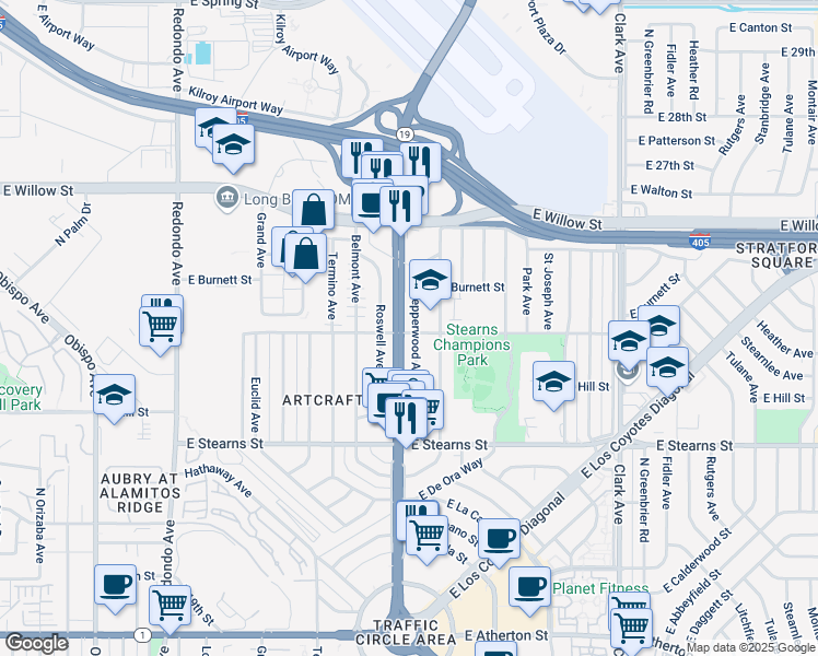 map of restaurants, bars, coffee shops, grocery stores, and more near 2298 Roswell Avenue in Long Beach